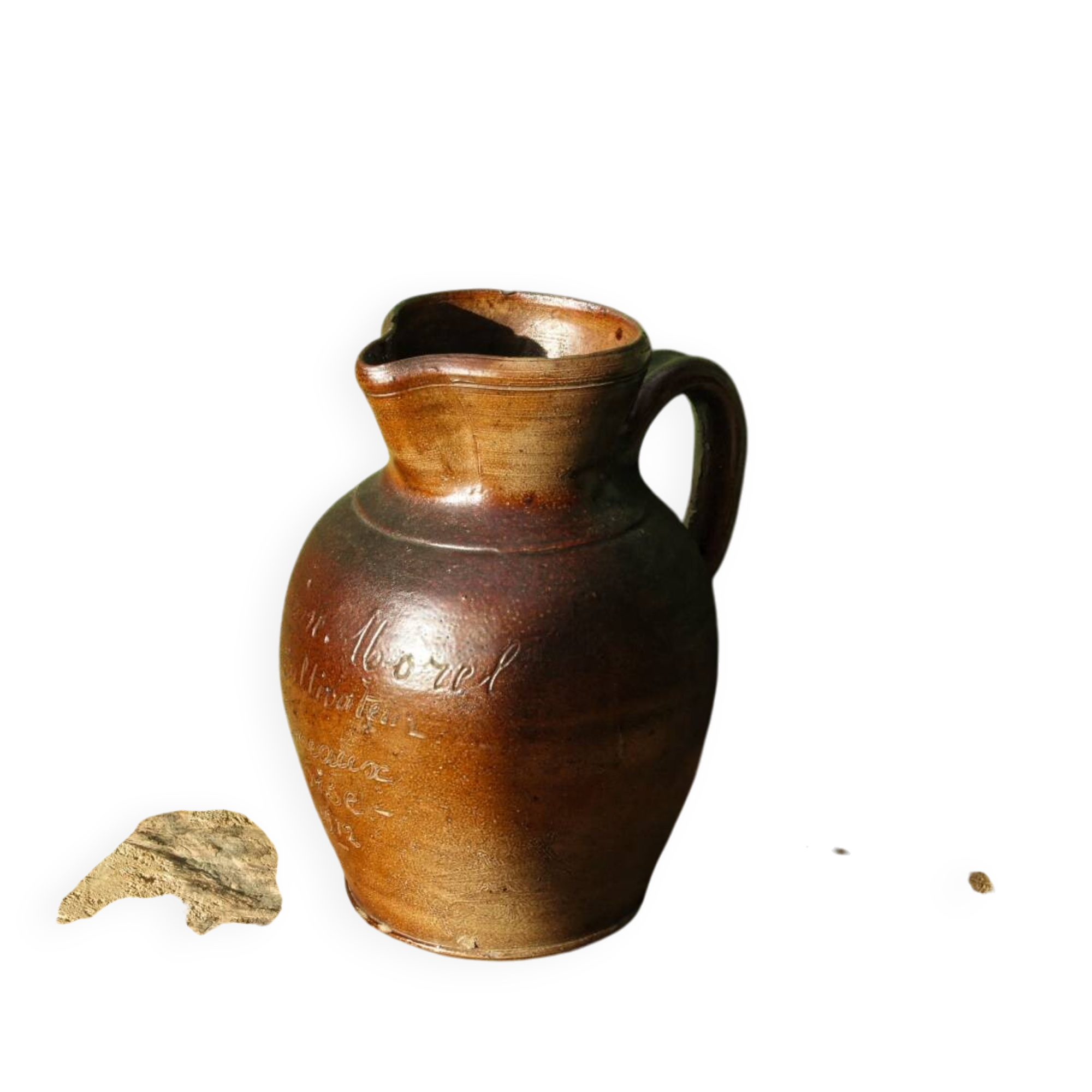 Large stoneware jug with a family name pattern, 1912