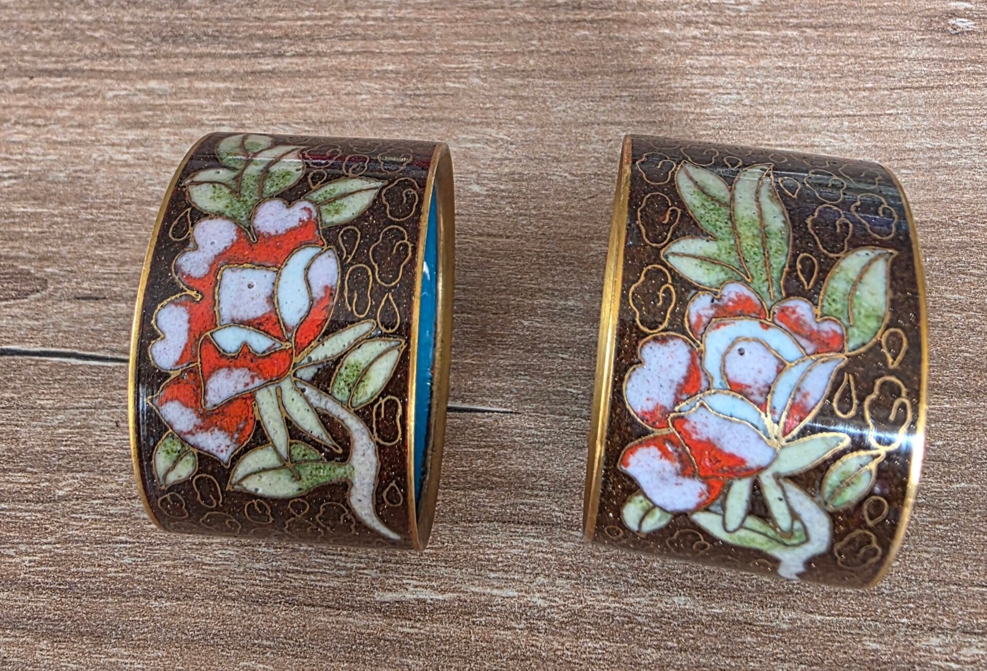 Duo de ronds de serviette vintage en émail cloisonné chinois