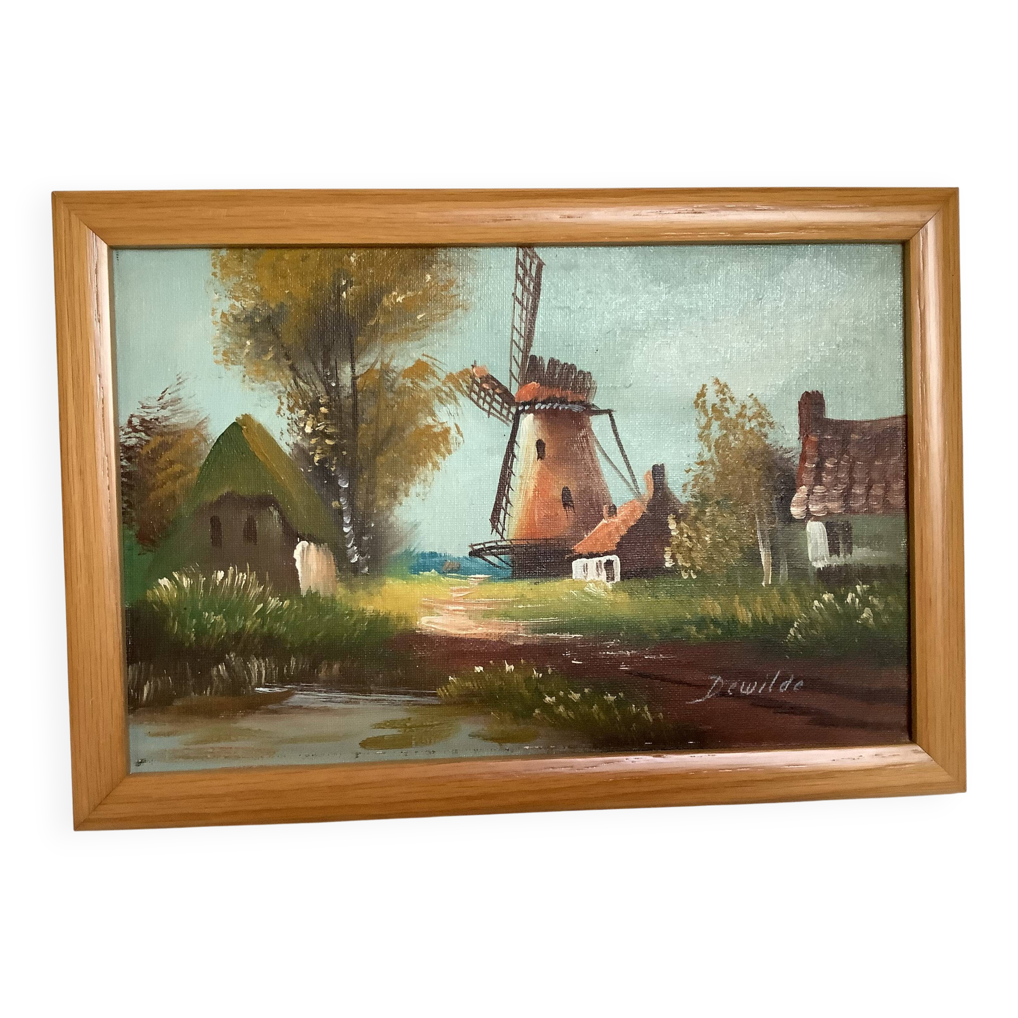Small village painting with a mill, oil on canvas, signed.
