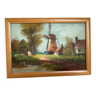 Small village painting with a mill, oil on canvas, signed.