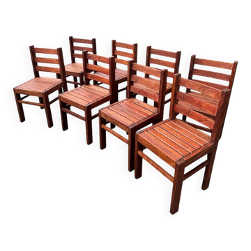 Set of 8 brutalist chairs made of solid exotic wood (essingan) from the 1960s.