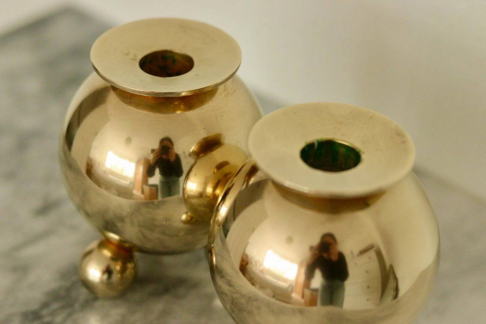 Pair of mid-century Swedish heavy brass candle holders