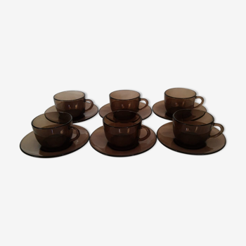 Service 6 coffee cups and under cups smoked glass 70s Vereco