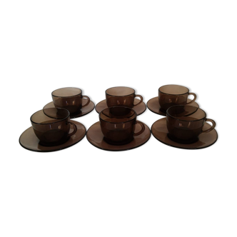 Service 6 coffee cups and under cups smoked glass 70s Vereco