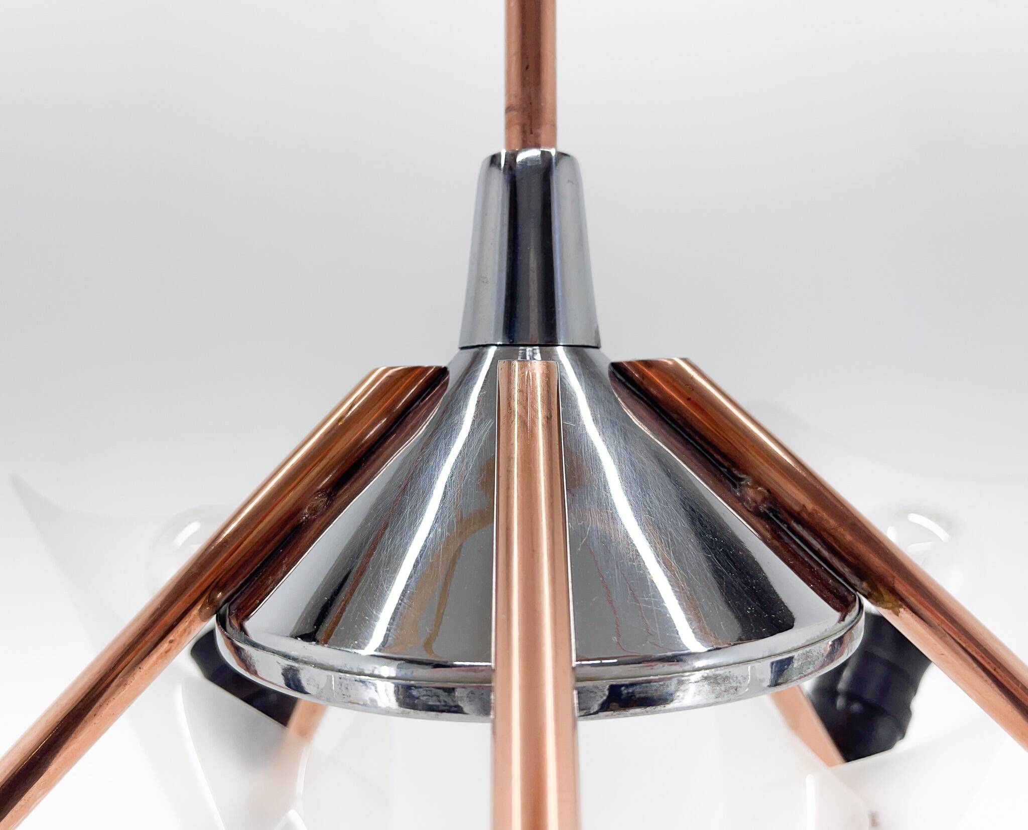 Mid-century chrome, copper & plastic chandelier by drukov, 1970s / 2 pieces avl