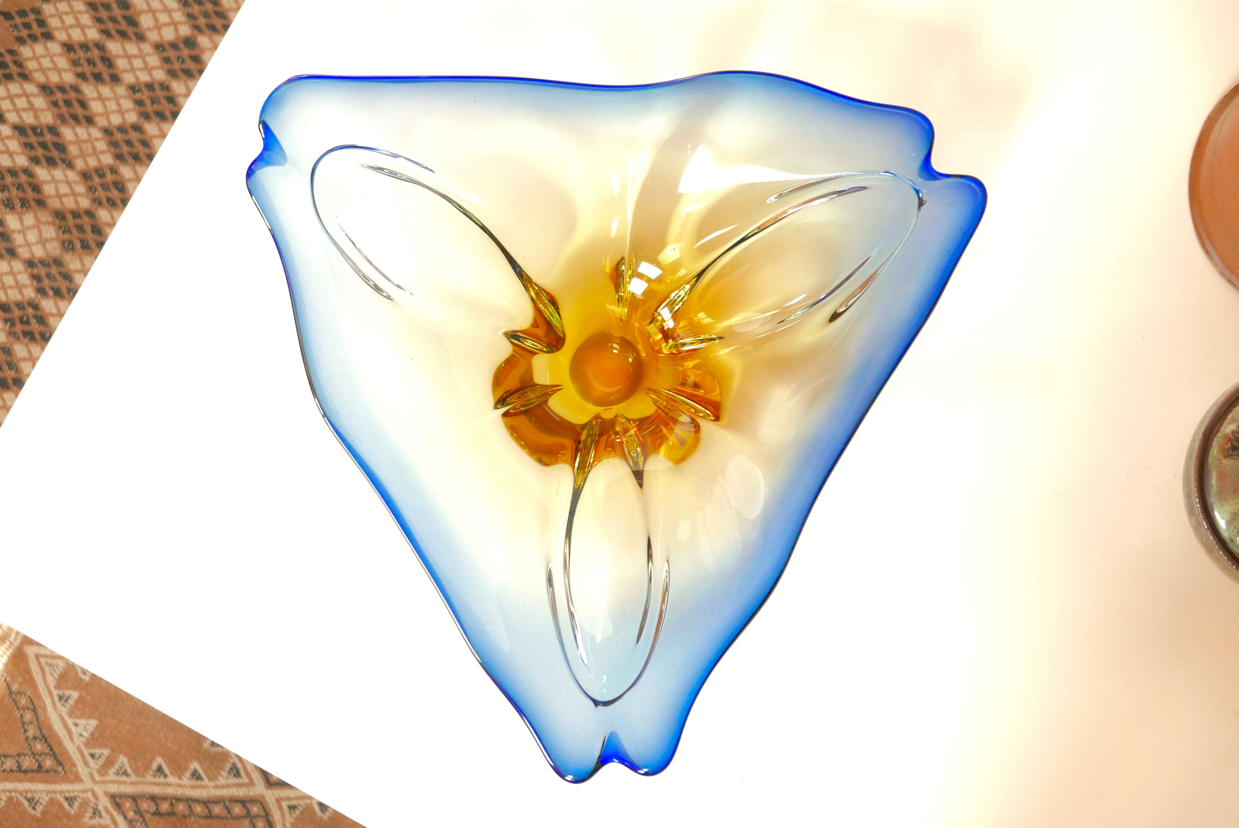Murano trinket bowl in blue and yellow glass, 50s