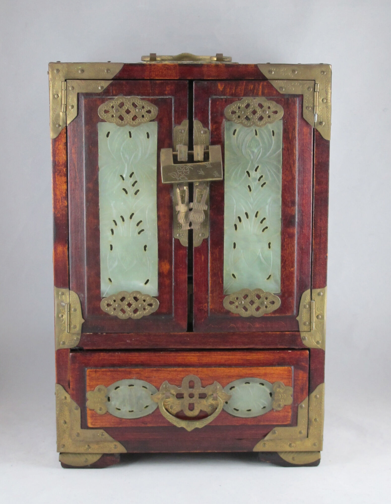 Very large Chinese wooden jewelry box adorned with jade plates