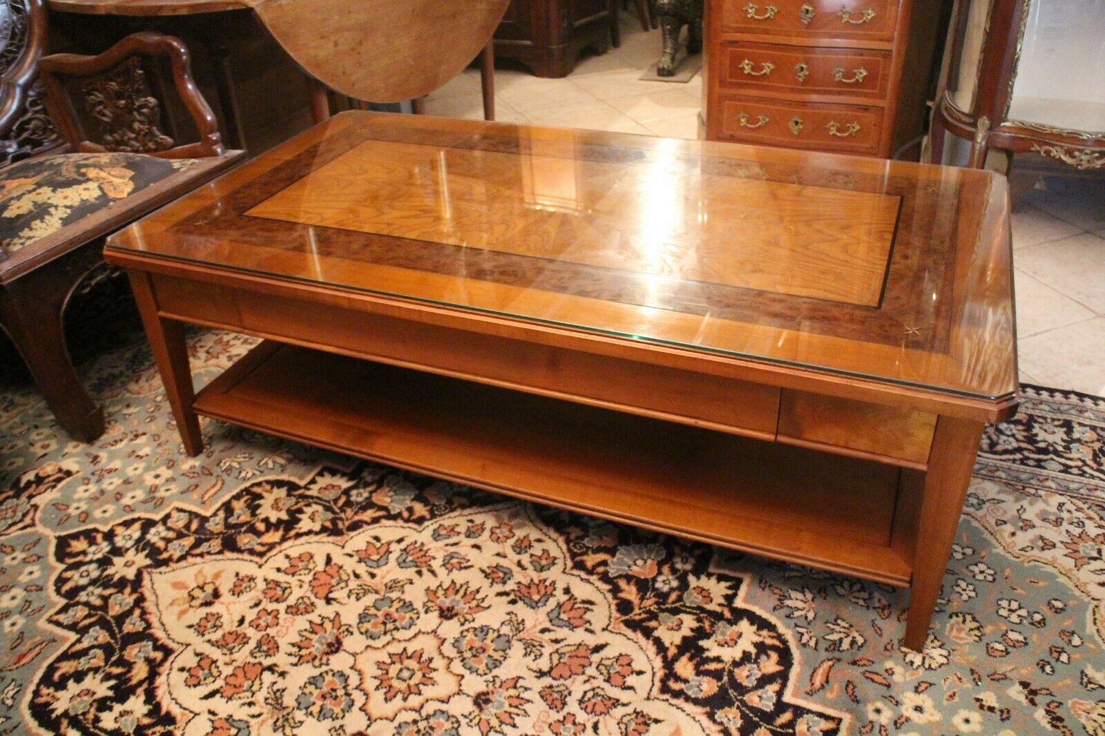 Large coffee table 2 drawers in solid walnut with decoration marked Directory style