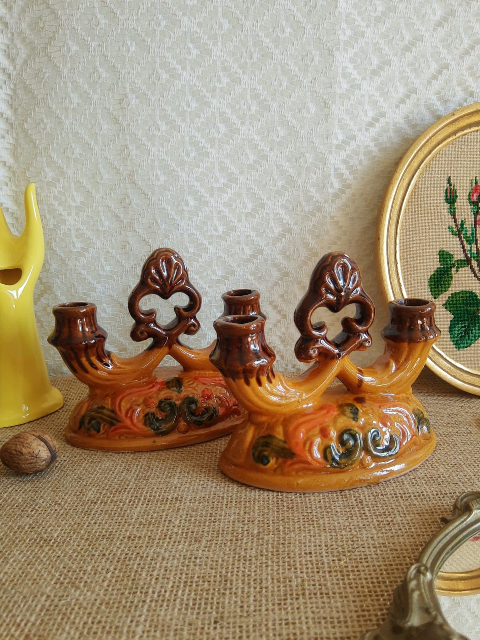 Paire de bougeoirs double barbotine - vintage