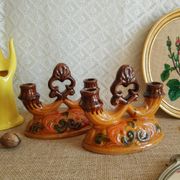 Paire de bougeoirs double barbotine - vintage