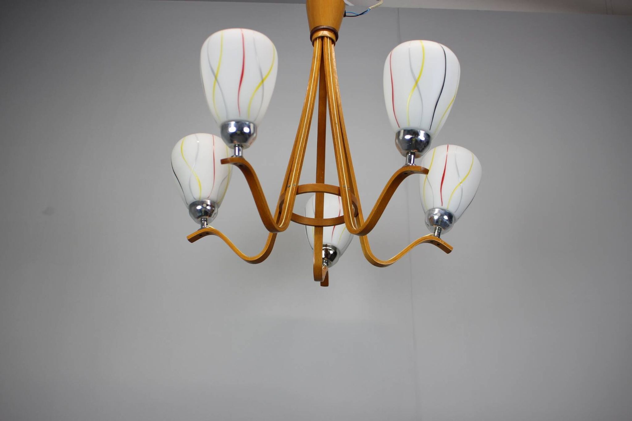 Mid-century wooden chandelier with glass shades, Czechoslovakia, 1970s.