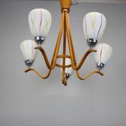 Mid-century wooden chandelier with glass shades, Czechoslovakia, 1970s.