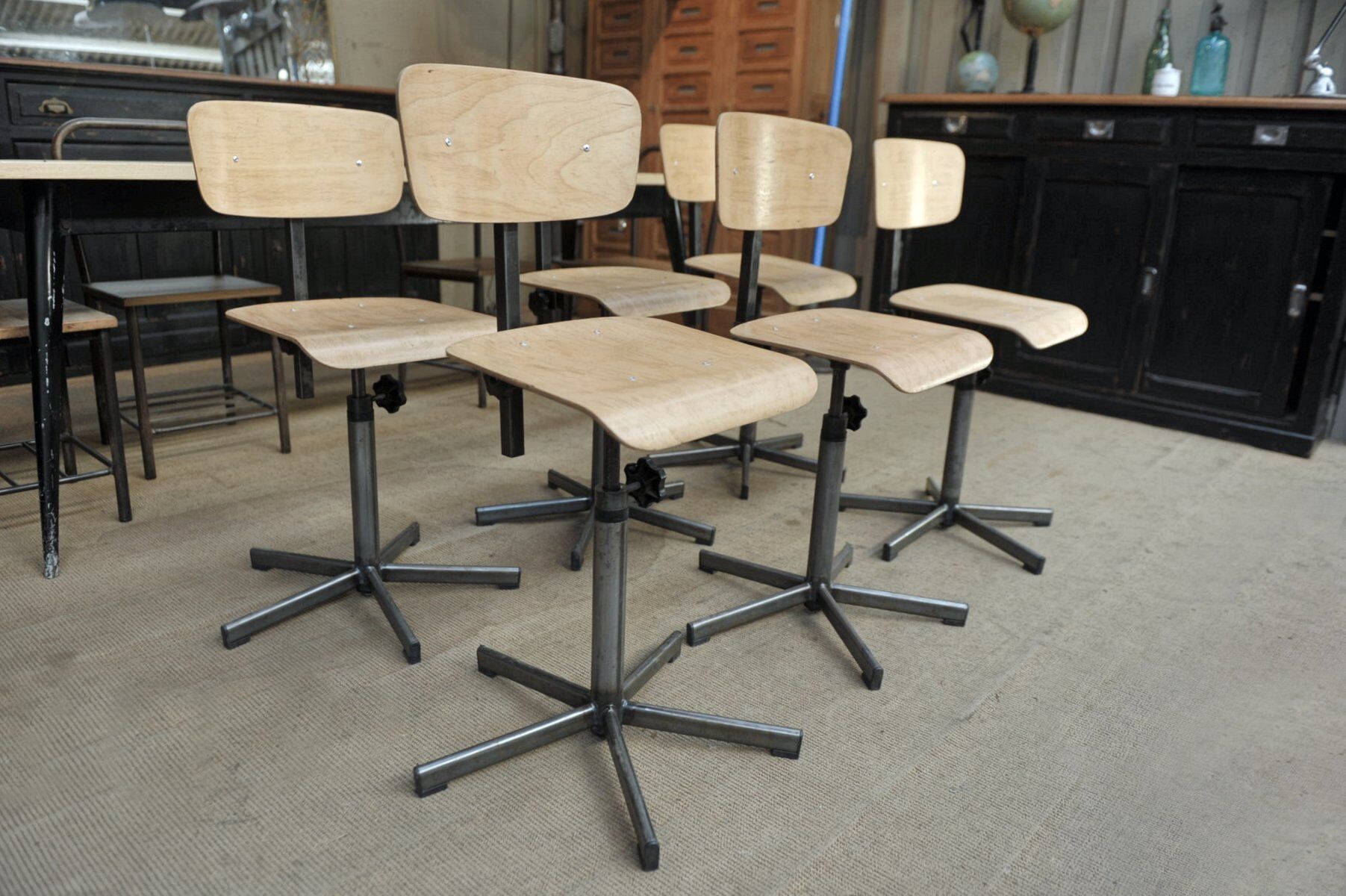Industrial rotary and adjustable workshop chairs 1950s