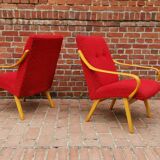 Pair of red armchairs model 6953 by Jaroslav Smidek published by TON