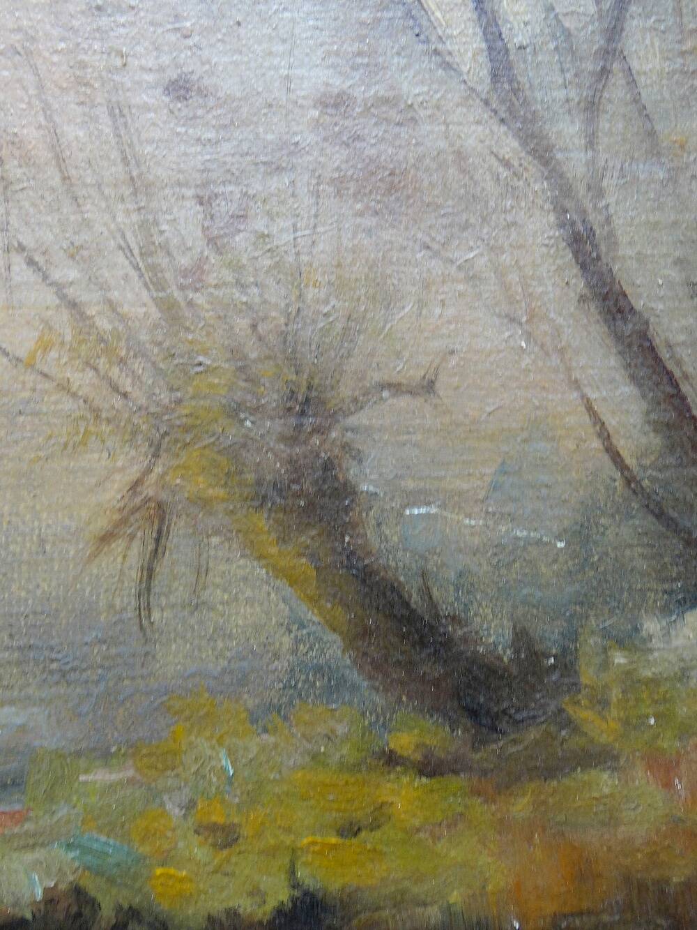 Large painting farm on pond old 19th century signature oil on linen canvas