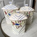 Trio of antique hand-painted ceramic pots (flour, sugar, coffee)