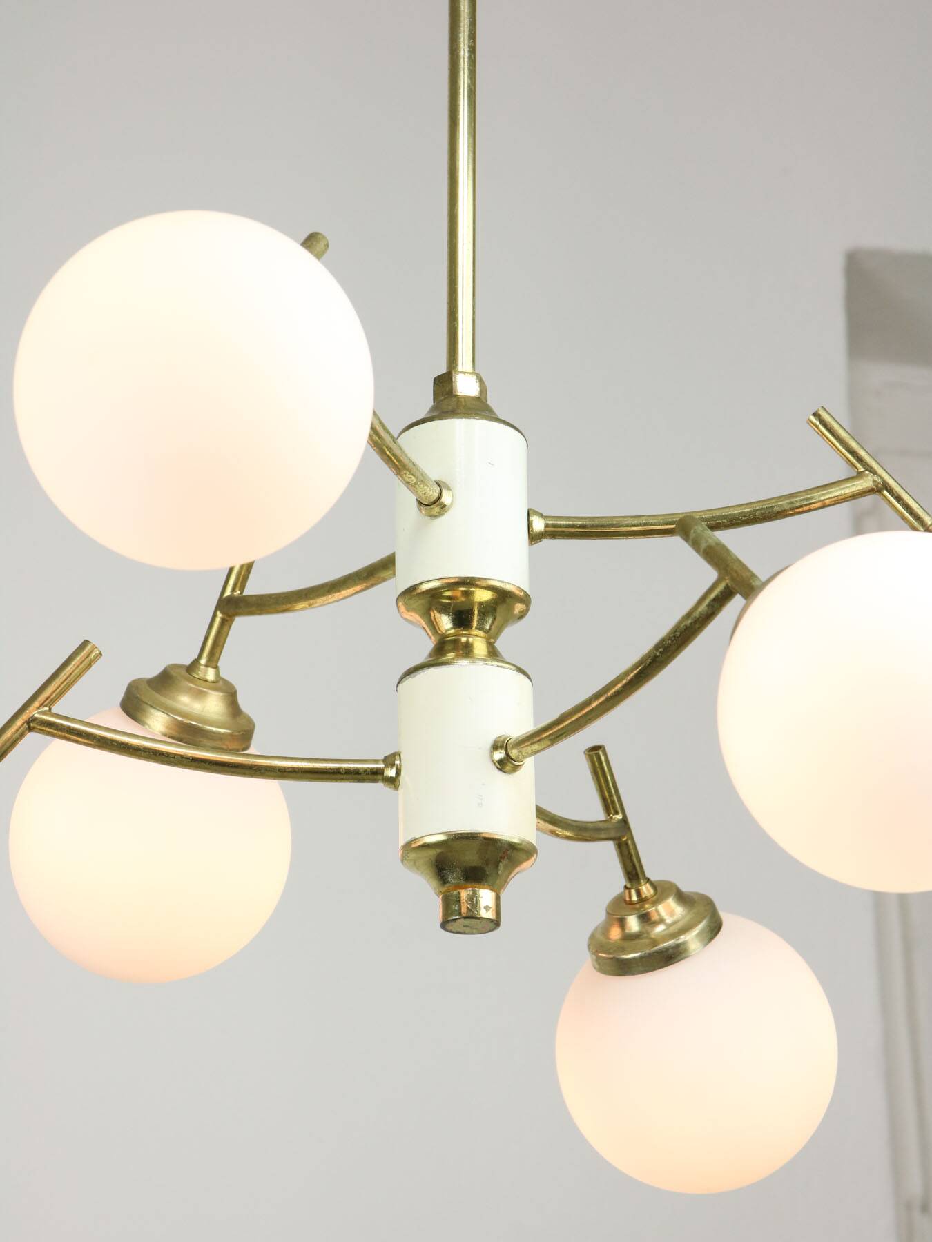 Mid-century Italian Brass and Opaline Chandelier, 50s