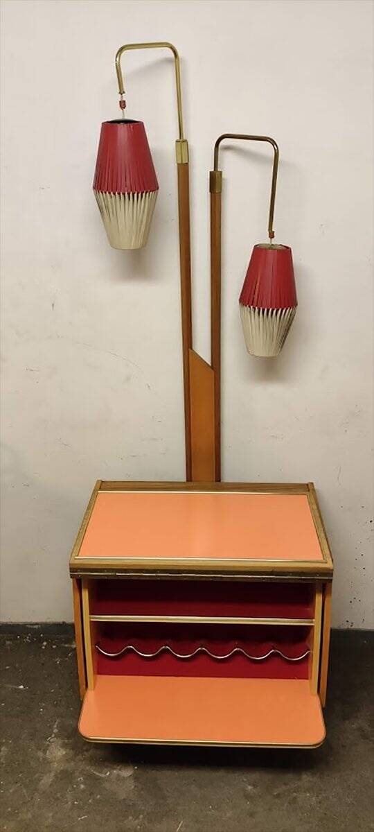 Brown walnut cocktail cabinet with integrated lamp holders and 2 lampshades, 1950s