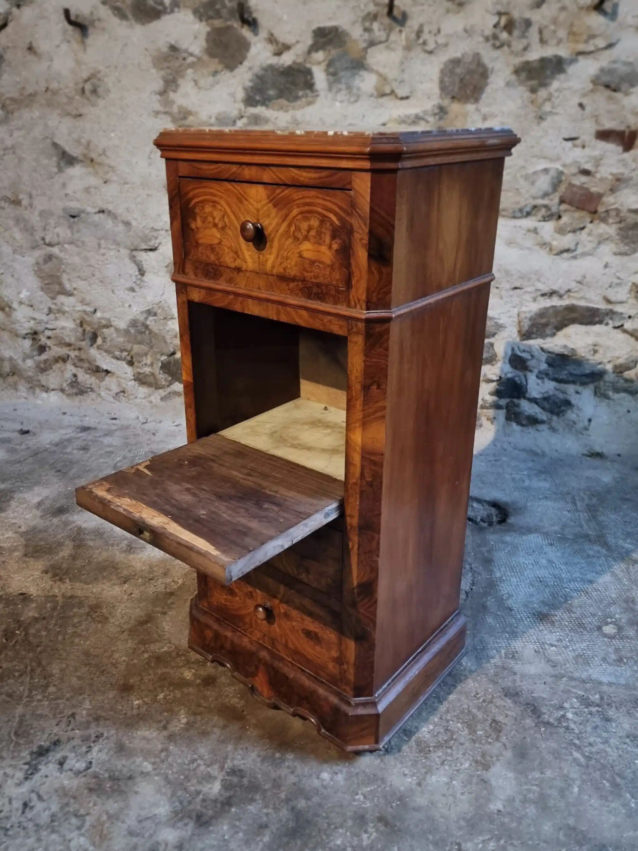 French antique bedside table in oak with walnut burl veneer, circa 1900.