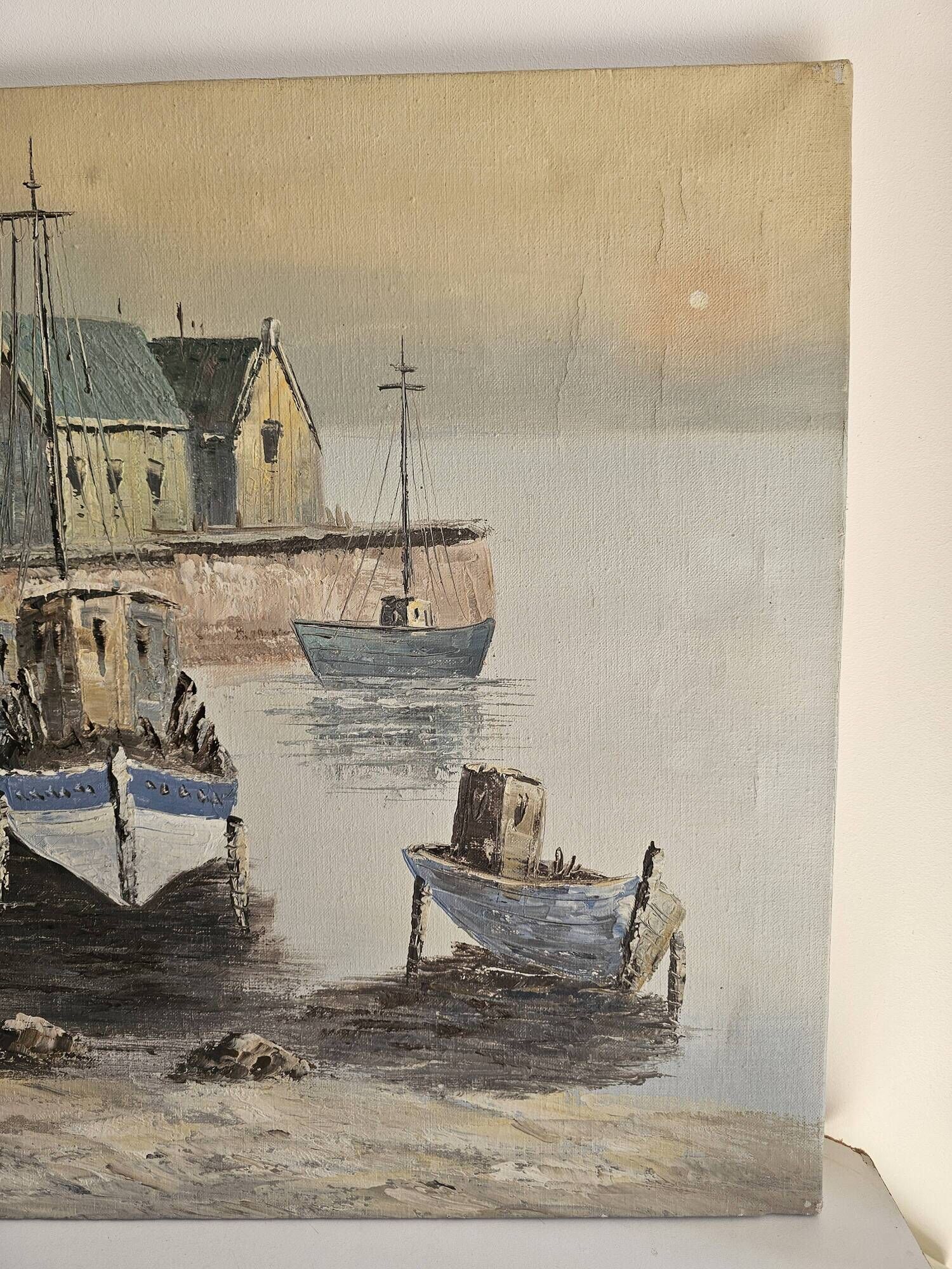 Oil on canvas - Marine, fishing port in a village signed Billings