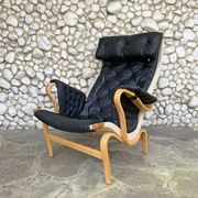 Pernilla armchair new black leather by Bruno Mathsson, Dux, Sweden 1970