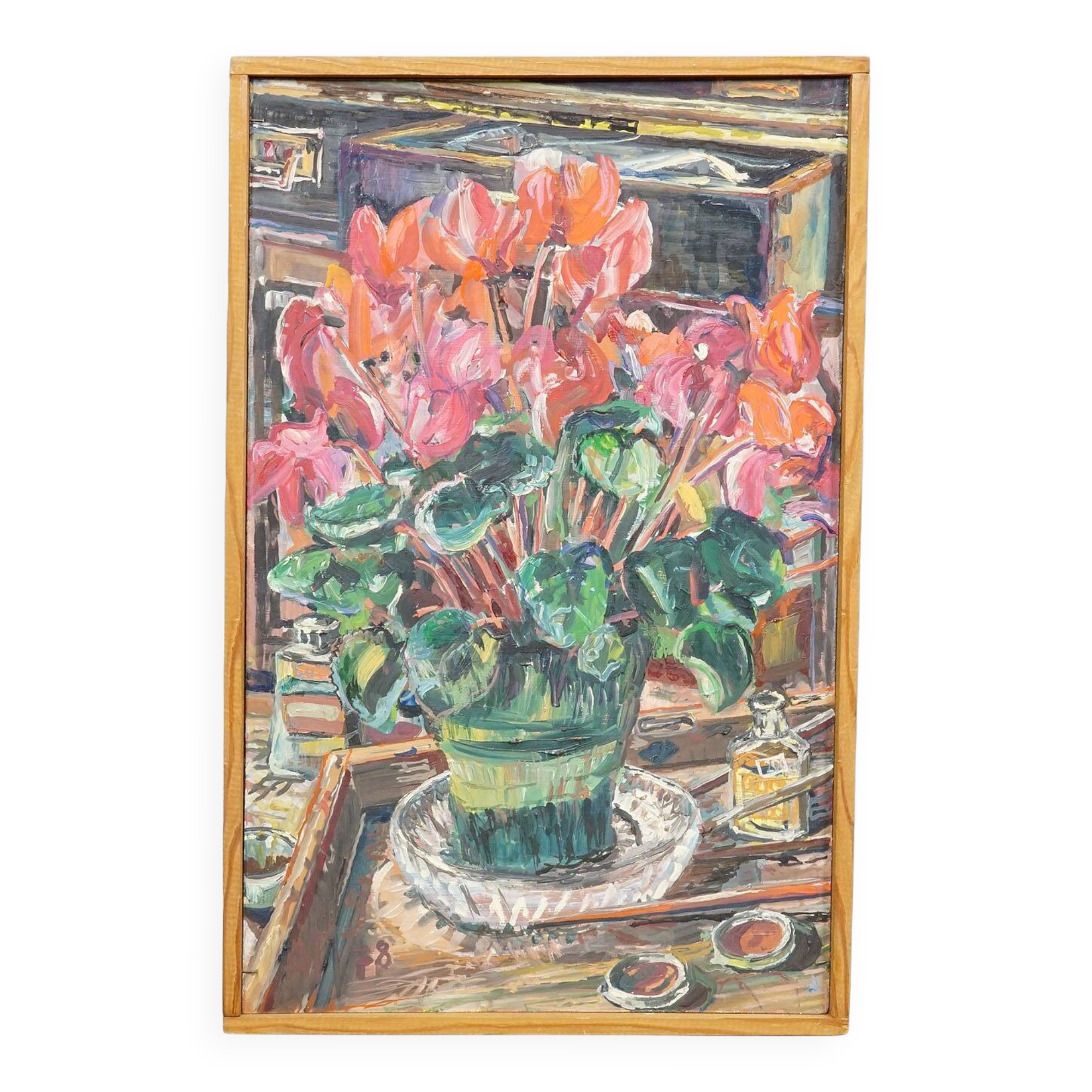 Oil painting by Alexander Michael of cyclamen (Alpenveilchen), 1978
