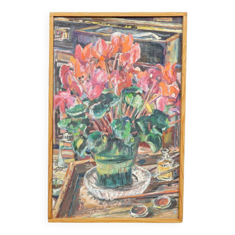 Oil painting by Alexander Michael of cyclamen (Alpenveilchen), 1978