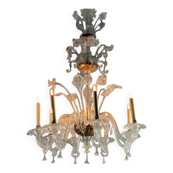 Lustre en verre de murano incolore 8 bras de lumière vers 1890
