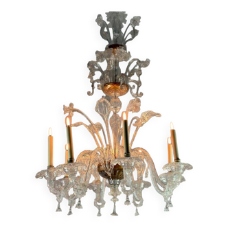 Lustre en verre de murano incolore 8 bras de lumière vers 1890