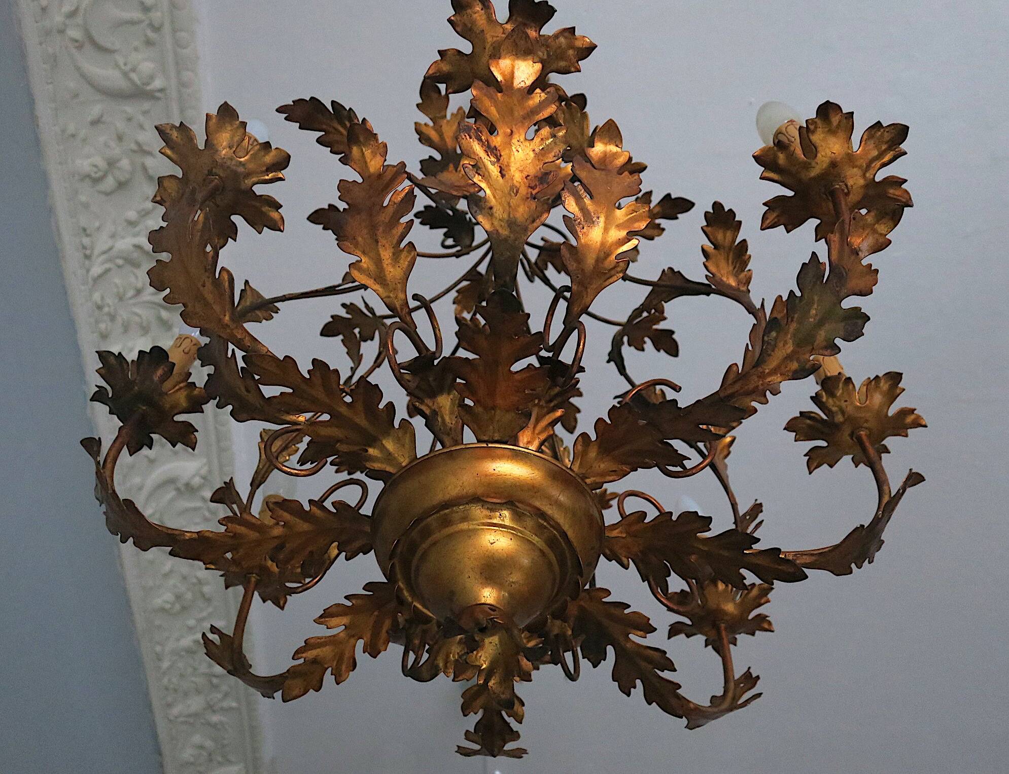 Large mid century gilt tole 8-light chandelier by hans Kögl, 1960s