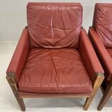 Fauteuils lounge danois vintage en palissandre et cuir. Années 1960.