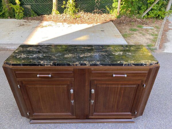 Buffet parisien art déco vintage en bois massif et marbre noir 180cm