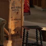 Vintage Scandinavian Stool Painted in Dark Green and Dark Red Wood, Folk Style, 1940s