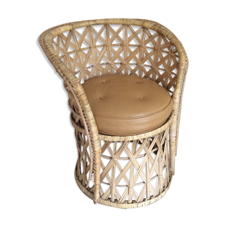 Rattan chair with leather cushion, vintage. Height 78 cm.