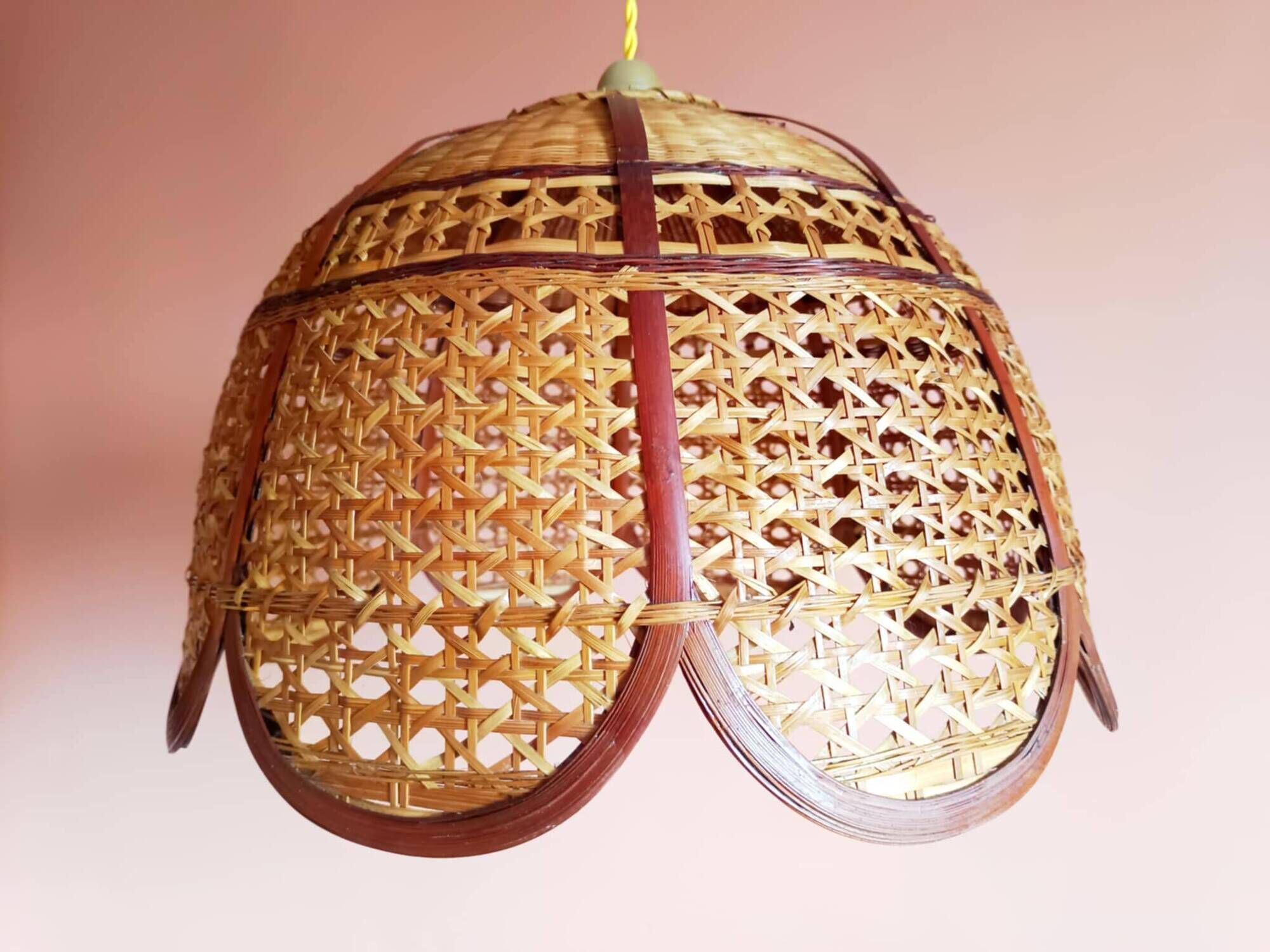 Large cane and rattan vintage bohemian suspension from the 1970s.