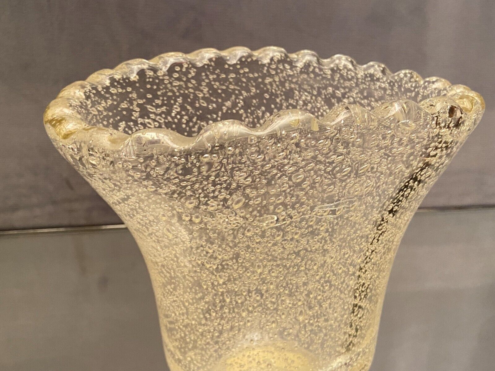 Crystal vase with subtly tinted bubble decoration signed Daum