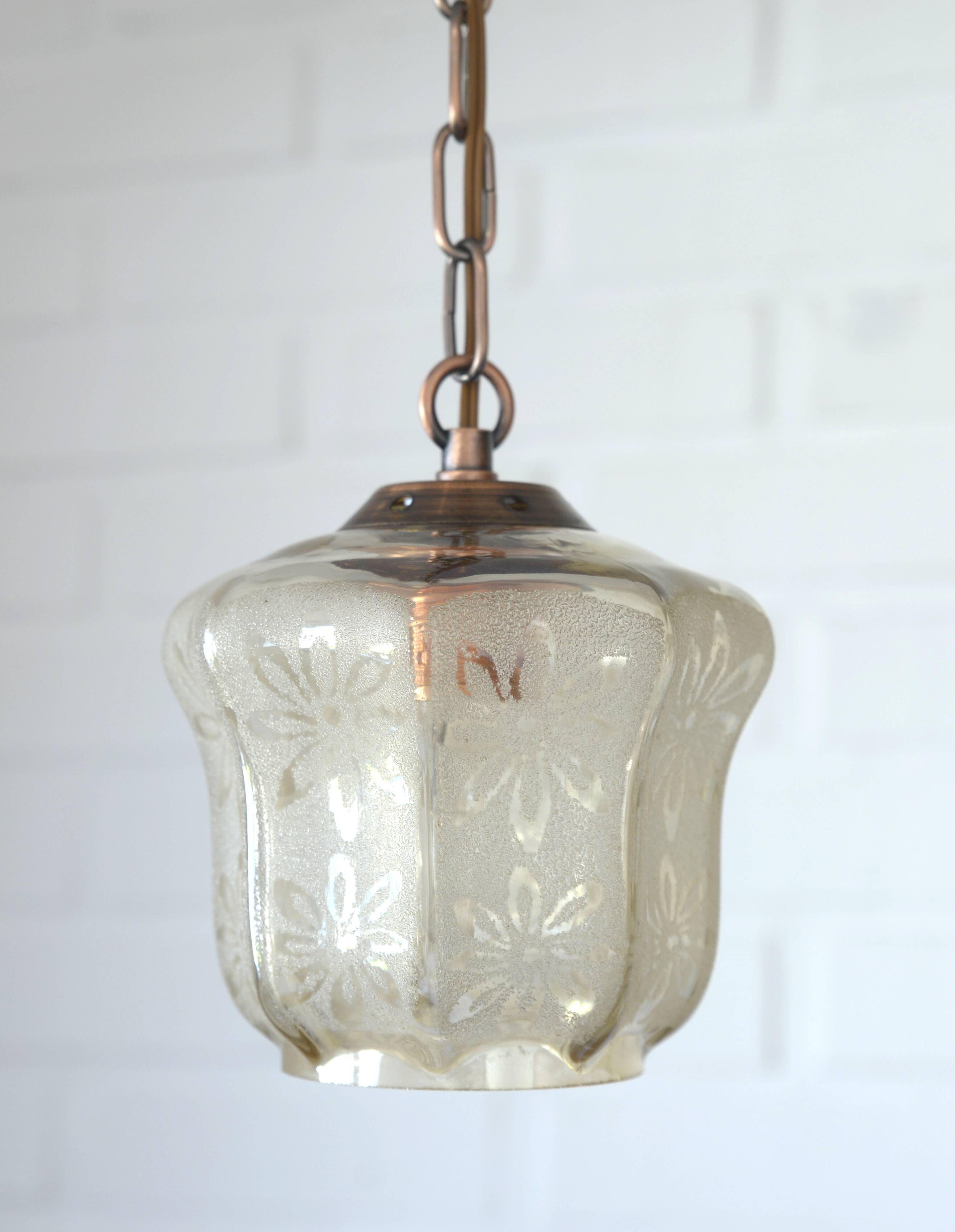 Vintage copper pendant light / amber glass and rustic chain hanging lamp