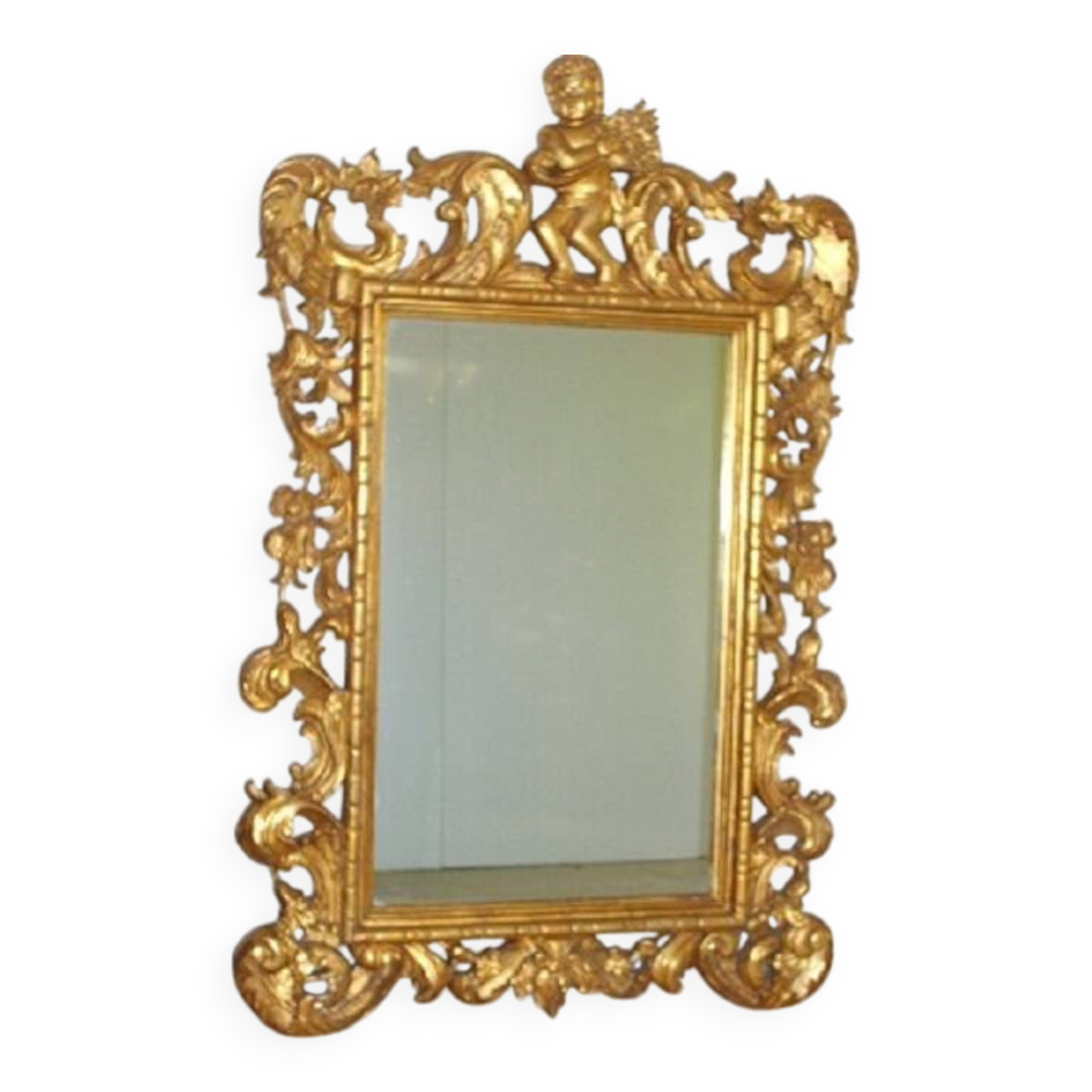 Imposant Miroir, bois sculpté doré, à décor de Putto