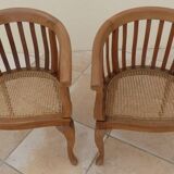 2 Colonial armchairs in natural solid wood with cane seats