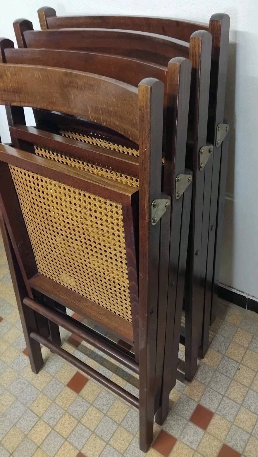 Set of 4 vintage 1970s folding chairs in wood and caning