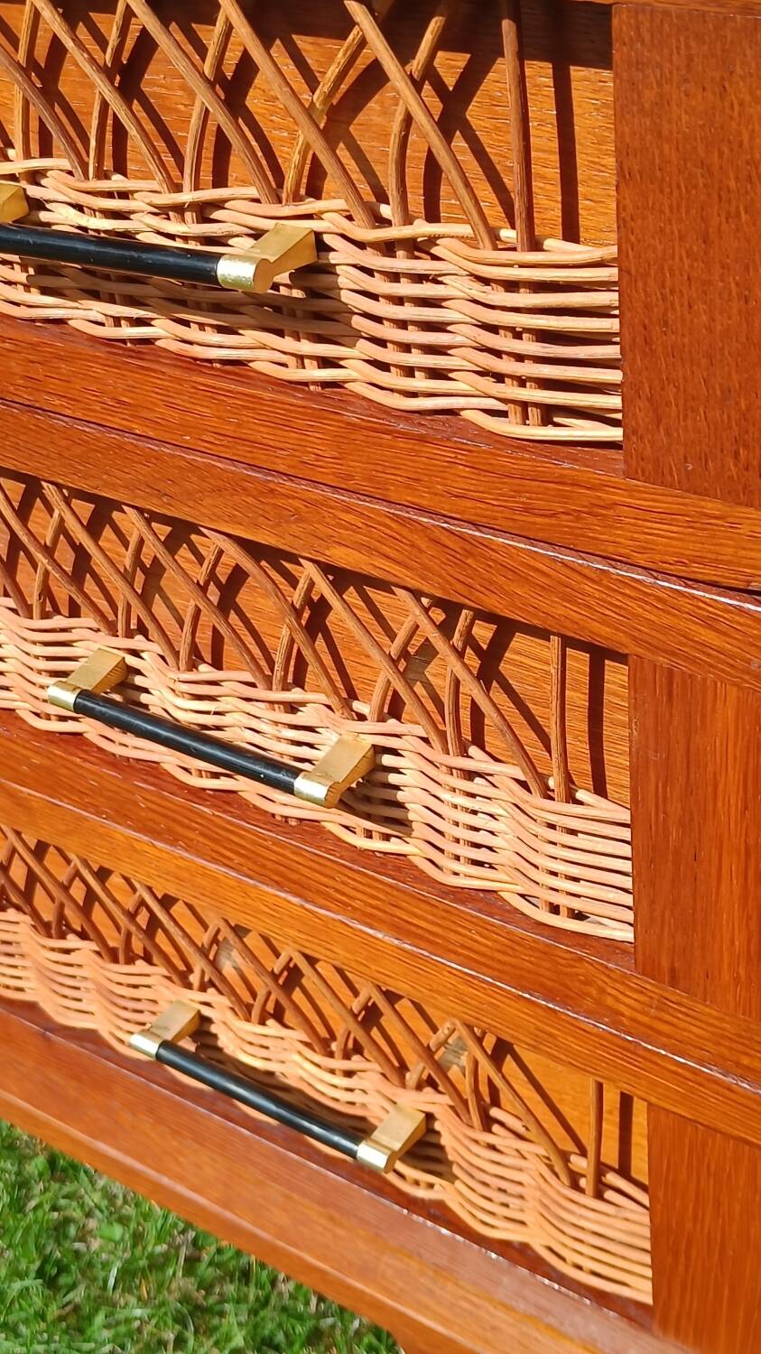 Rattan and wood splayed-leg chest of drawers