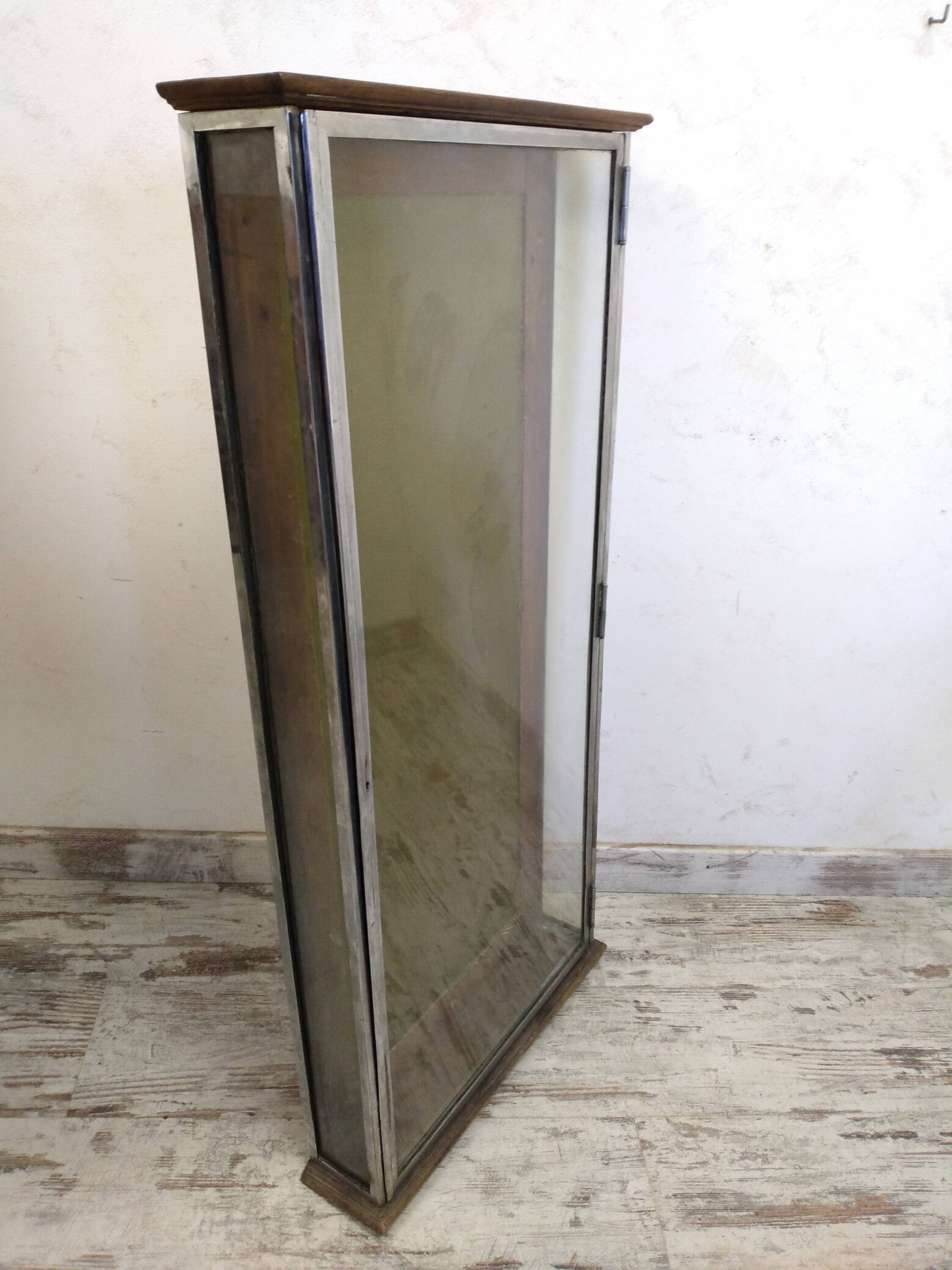 Atypical old wooden and metal wall display case