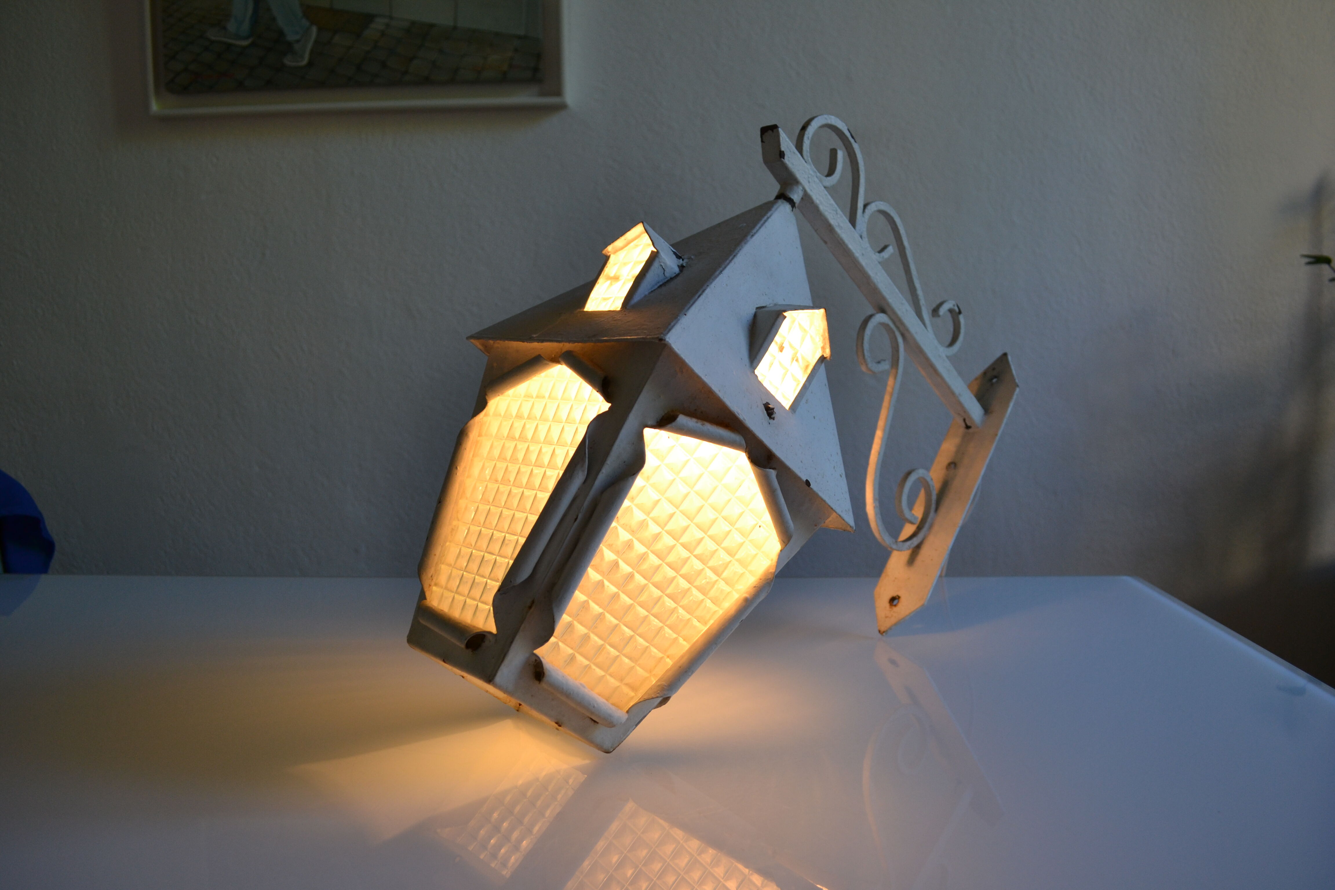 Vintage 1950 wall lamp lantern in wrought iron and glass