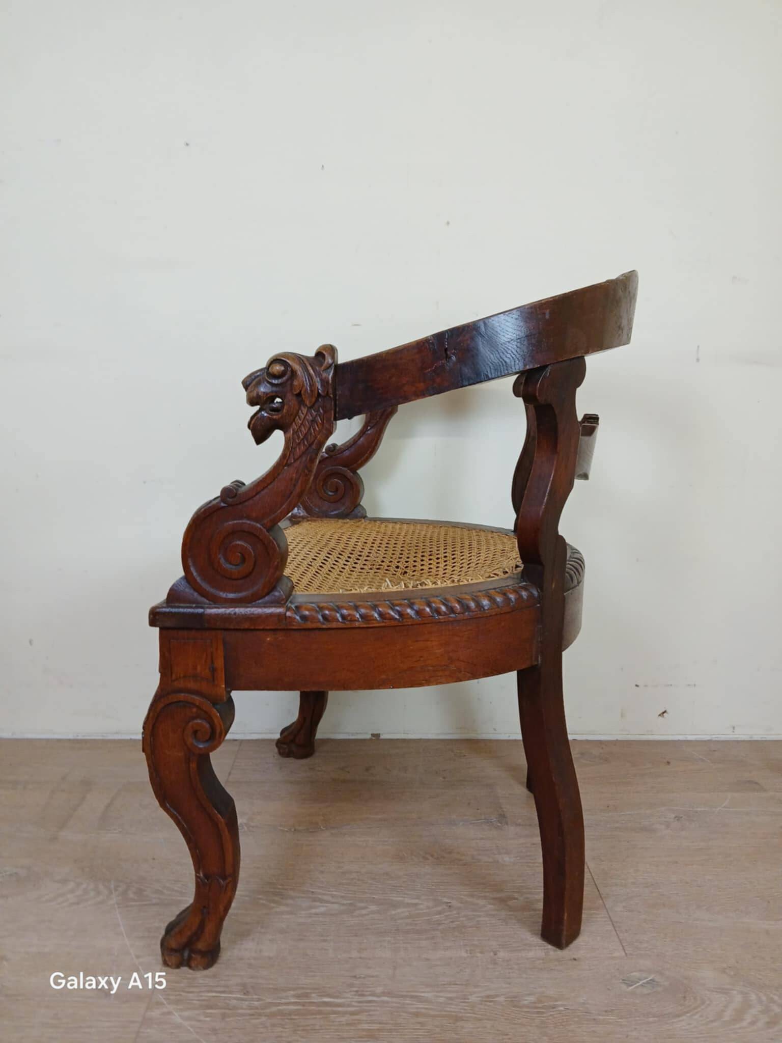 Renaissance style office chair in solid oak circa 1850