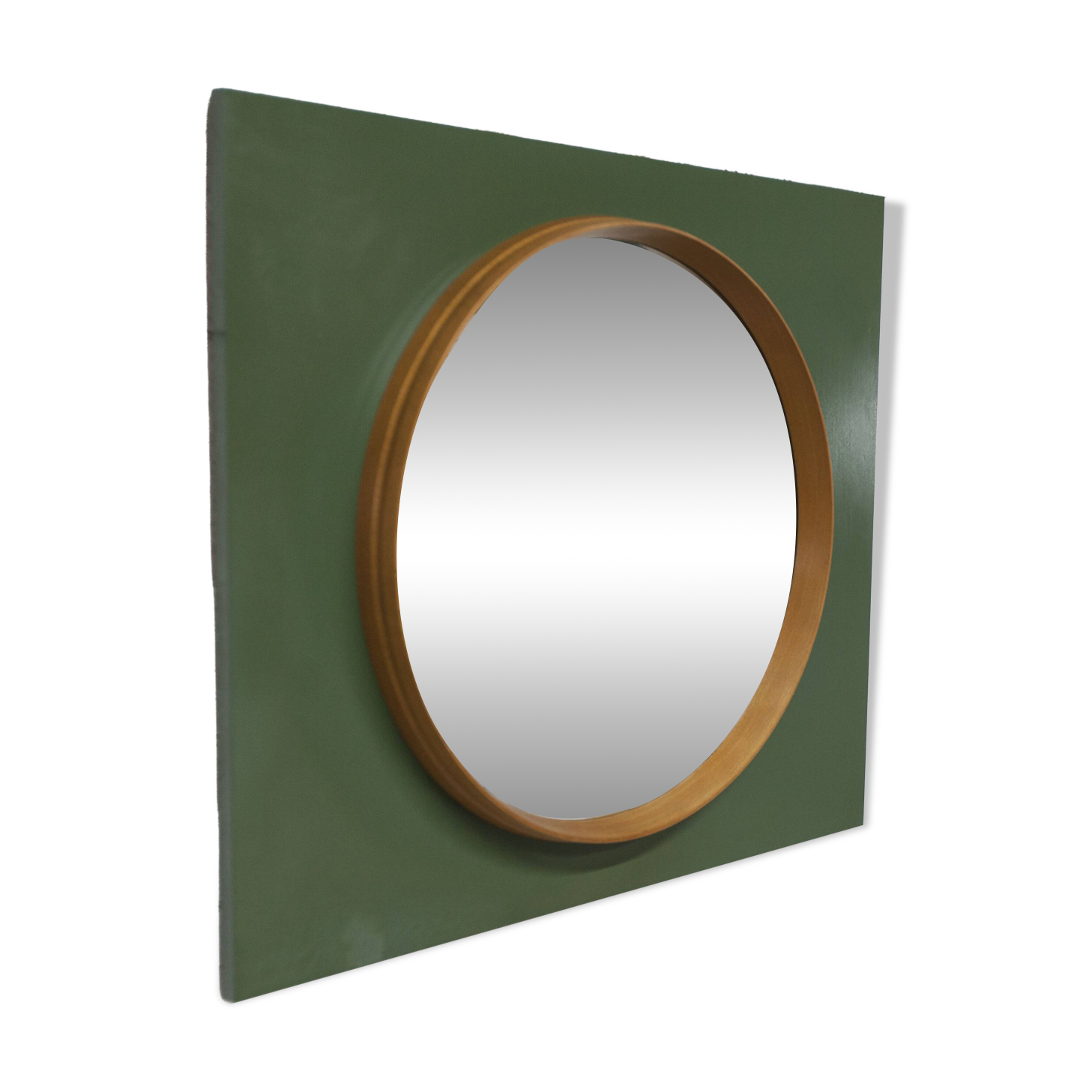 Unusual round wall mirror 60 cm teak edge on green rectangular board 1960.