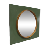 Unusual round wall mirror 60 cm teak edge on green rectangular board 1960.