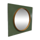 Unusual round wall mirror 60 cm teak edge on green rectangular board 1960.
