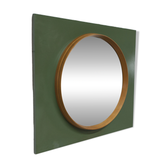Unusual round wall mirror 60 cm teak edge on green rectangular board 1960.