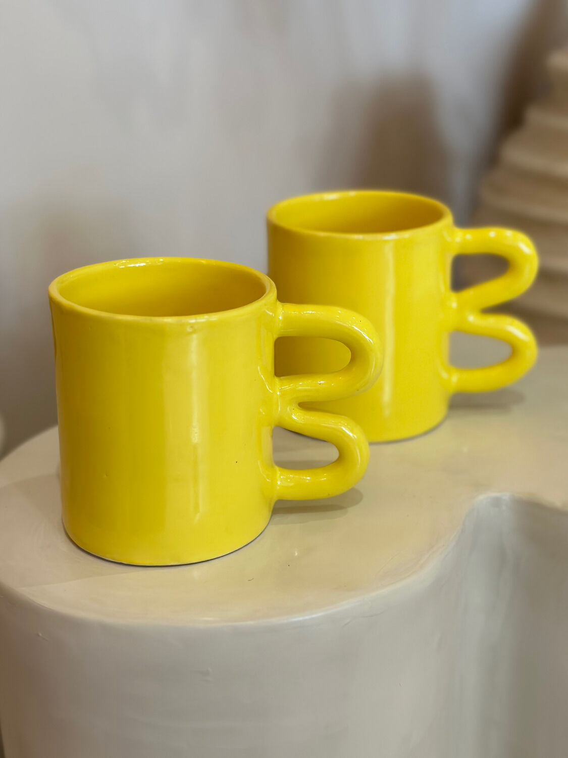 Mug cup ceramic handle graphic wave design colorful lemon yellow