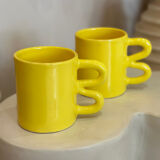 Mug cup ceramic handle graphic wave design colorful lemon yellow